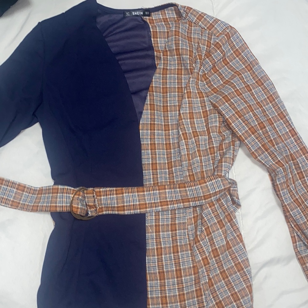 Plaid Panel Belted Blazer